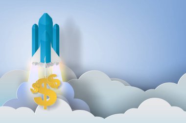 dolar iş kavramı fikir, kağıt sanat tarzı, ve roket başlatma