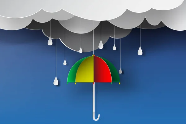 Paper art of colorful umbrella with rainy season,blue sky,vector — Stock Vector