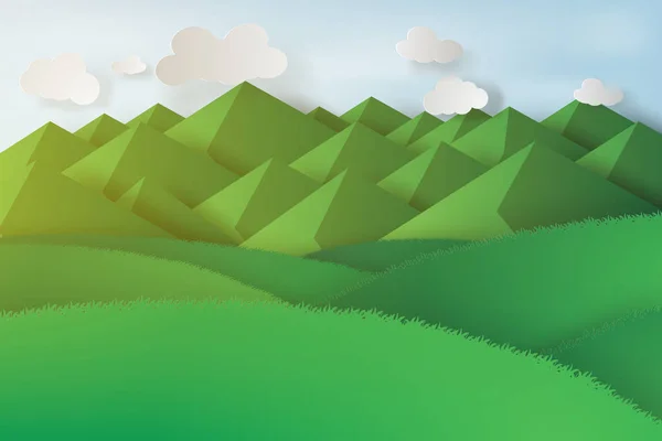 Paper art of green landscape mountain view,vector,illustration,E