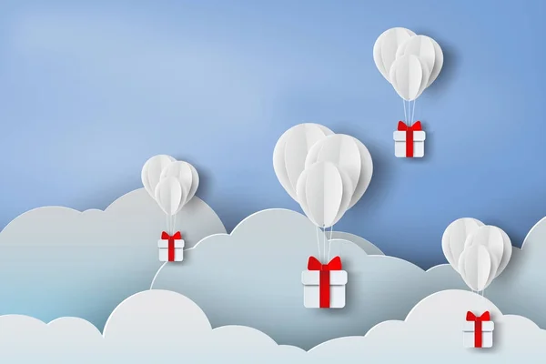 气球白色漂浮的纸艺术和礼物箱子在空气 — 图库矢量图片