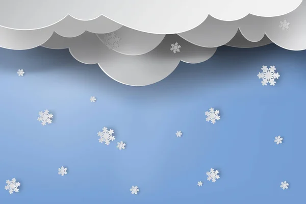 Carta arte della neve con la stagione invernale cielo blu sfondo, vettore — Vettoriale Stock