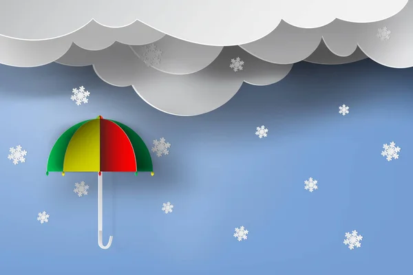 Paper art of colorful umbrella with winter season,snow,blue sky — Stock Vector