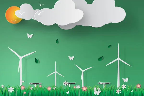 Τέχνη χαρτί της ημέρας πράσινο άνεμος τουρμπίνα ηλιακής ενέργειας πάνελ παγκόσμιο περιβάλλον — Διανυσματικό Αρχείο