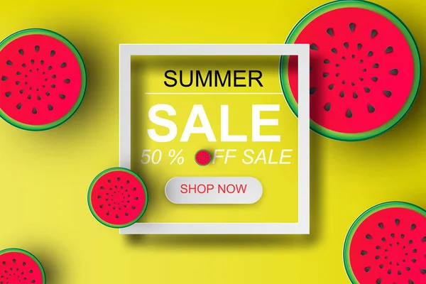 Paper art of Summer Sale Banner With Watermelon.up to 50% off. - Stok Vektor