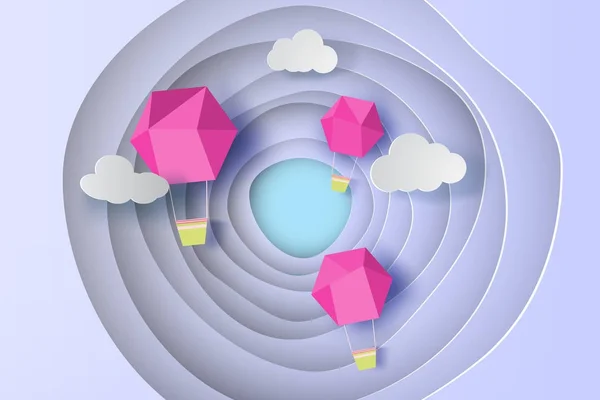 Papírové umění růžové bublině na cruve modrá obloha pozadí, vektorové — Stockový vektor