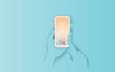 Şehir işleriyle akıllı telefonun 3D kağıt sanatı ve zanaat stili 