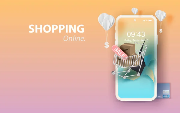 Paper art van smartphone voor online winkelen uw tekstruimte — Stockvector