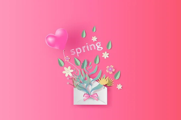 Paper art and craft of bouquet with spring season text,Springtime — Stock Vector