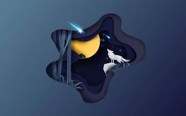 Design criativo Arte de papel de lua cheia outono com uivo lobo —  Vetores de Stock