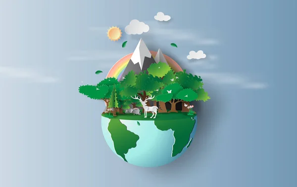 Illustratie van rendieren in groene bomen bos, Creatieve Origami — Stockvector