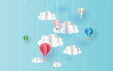Kağıt sanat tarzı balonlar. Renkli renkler havada süzülüyor. 