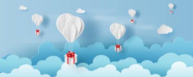 3D paper art and craft style of balloon white  floating and Gift clipart