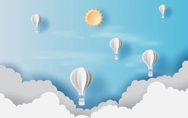 Ilustrasi 3D pemandangan pemandangan pemandangan awan dengan balon putih udara panas - Stok Vektor
