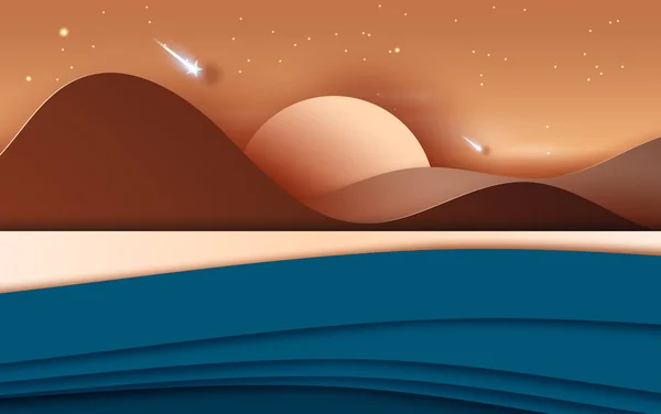 Illustrazione 3D del paesaggio con montagne e tramonto sulla spiaggia — Vettoriale Stock