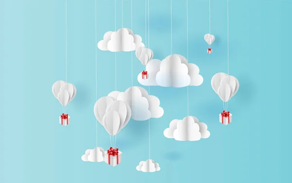 Papper konst stil av vita ballonger färg flyter i luft blå himmel — Stock vektor