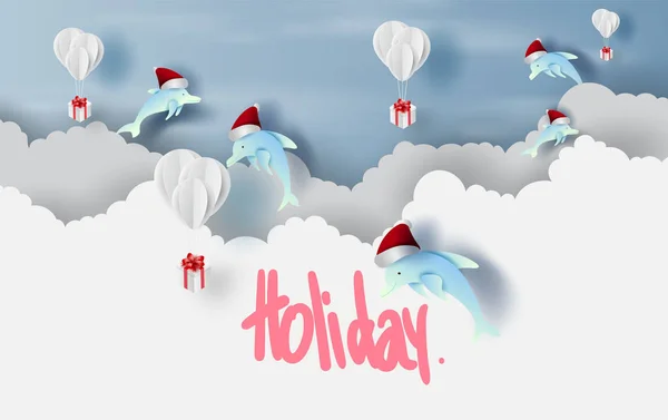 Joyeux Noël et Bonne année avec saut de dauphin et ballons — Image vectorielle