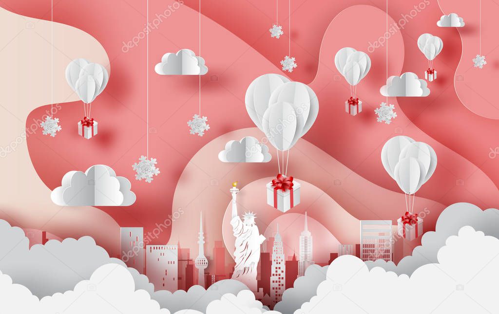 Paper art of white balloons gift floating on Abstract Curve shape