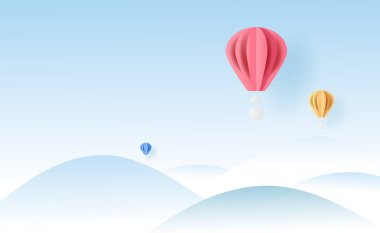 3D manzara balonları tatillerde havada uçar. Mavi arka plan. 