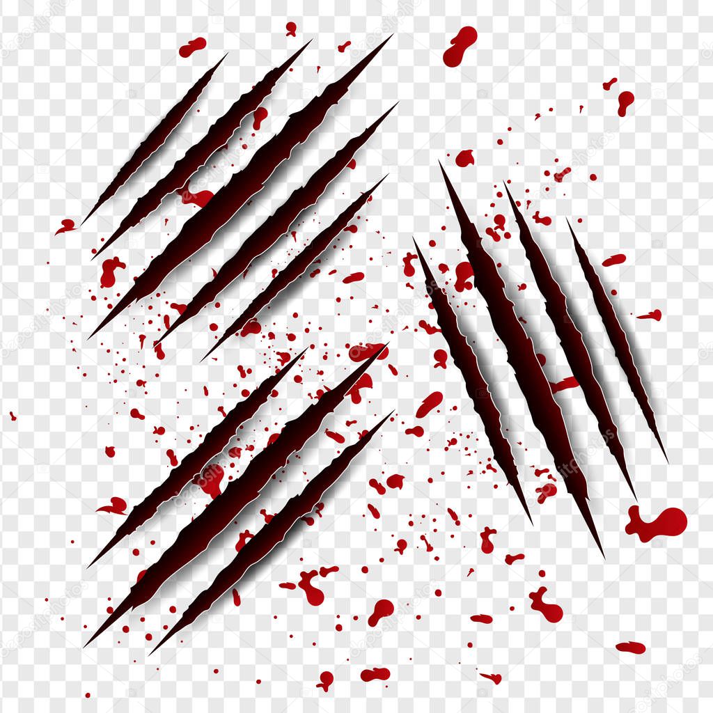 Set illustration of Claws scratches with red blood on isolated 