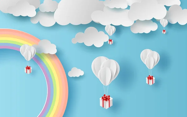 Illustrazione estate stagione paesaggio con un arcobaleno sul cielo blu — Vettoriale Stock