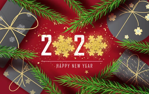Vista superior Merry Christmas tree pine and New Year horizontal banner —  Vetores de Stock