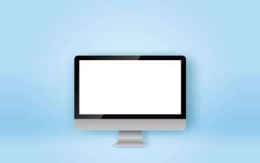 Gerçekçi bilgisayar monitörü izole edildi. PC mavi arkaplan üzerinde maket yapıyor. Monitör ekranı nesne işleri. Masaüstü aygıtı kişisel teknolojisi. Yaratıcı kağıt kesimi ve zanaat tarzı Vector illüstrasyonu. EPS10