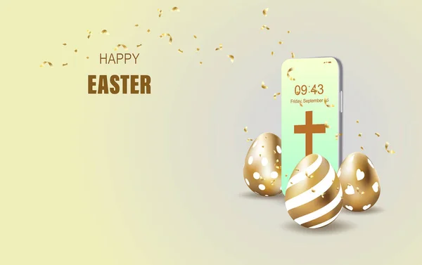 Frohe Ostern Schriftzug Background Eggs Und Geschenk Realistischen Goldenen Glanz — Stockvektor