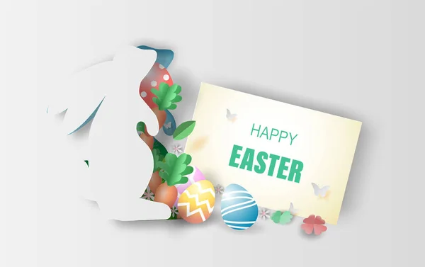 Element holiday bunny for design.Happy Easter day eggs in green grass with white flowers.Butterflies fly air.Creative paper cut and craft style idea card  background.Shape curve rabbit.Eco EPS10.
