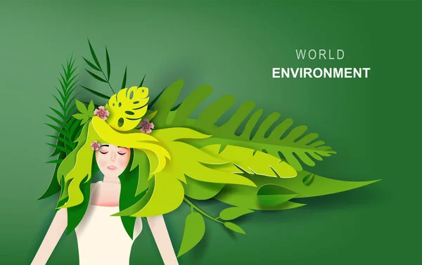 Παγκόσμια Έννοια Περιβάλλον Του Όμορφη Κοπέλα Μακριά Μαλλιά Φορούν Τροπικό — Διανυσματικό Αρχείο