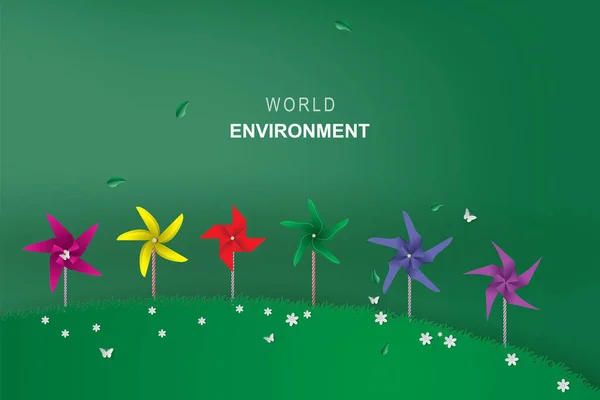Origami Feito Turbina Eólica Colorida Park Conceito Ambiente Ecologia Verde — Vetor de Stock
