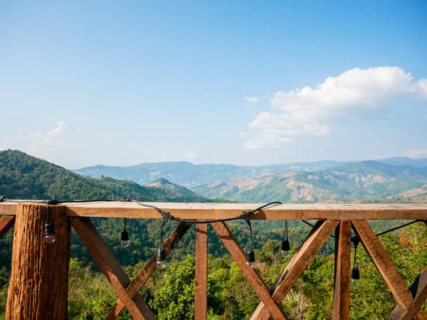 Mountain name thai : Sakad coffee shop famous favorite landmark at Pua, Nan, Thailand.Terrace mountain top view high green forest beautiful.Landscape outdoor sunlight.