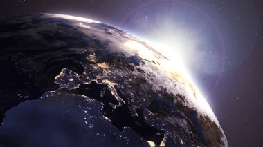 Afrika ve Avrupa 'da Güzel Gün Doğumu açısının gösterimi. Şehir Işığı Gecesinden Gündüz' e Değişen 3D Hareket Yükselen Parlak 3D Canlandırma Uydu Resimleri (NASA)).