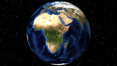 Dönen Dünya 'nın güzel bir örneği. Uzay uydusundan görüntüle. Dünya Afrika ve Avrupa yer haritası. Gündüz saatlerinde animasyon gezegeninden kapatın. Uydu görüntülerini kullanarak animasyon oluşturun (NASA).