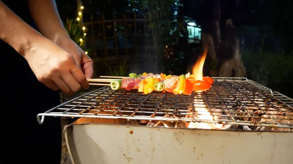 Barbecue Spicy Fire Flaming Grill Grilled Vegetable Pork Chicken Skewers — Stock Photo, Image