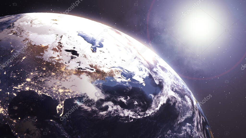 illustration of View angle Beautiful Sunrise over the America Earth.Changing from City light Night to Day time.3D Motion graphic Rising Shining.3D Rendering animation using satellite imagery (NASA).