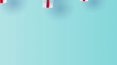 Gökyüzünde süzülen paraşüt beyazı. Mavi arka planda hediye kutusu servisi. Mutlu yıllar ve mutlu Noeller. Festival ulaşım konsepti.