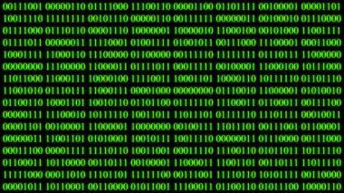Video 4K ikili kodlama yeşil ışık, rakam arkaplan ekranı ile parlıyor. Dijital hacker siber uzay. Algoritma ikili şifreleme. Web hud arayüzü. Bilgisayar izleme veri kodu.