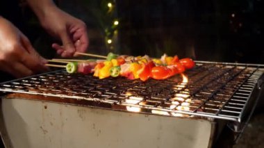 Alevli ızgarada ızgara baharatlı ateş. Izgara sebze, domuz eti ve dolma biberli tavuk şişi. Akşam yemeği partisi barbeküsü ve domuz rostosu.