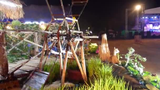 Rotating Water Old Bamboo Wood Wheel Festival Night Thailand Footage — Stock Video