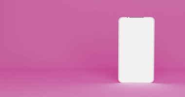 Resimli el, beyaz akıllı telefonu pembe arka planda tam ekran ile tutarken üç boyutlu görüntüleme. Modern çerçeve daha az tasarım izole nesne. Modern akıllı telefon minimalist alanı kavramı.