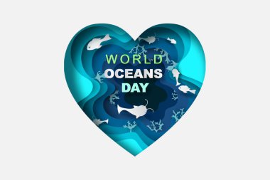 Kağıt sanatı ve kesim stili Dünya Okyanus Günü konsepti. Kutlama, deniz dünyasını korumaya ve su ekosistemini korumaya adanmıştır. Mavi tonlu origami el işi deniz dalgaları kağıdı. balık ve bitkiler denizin altında