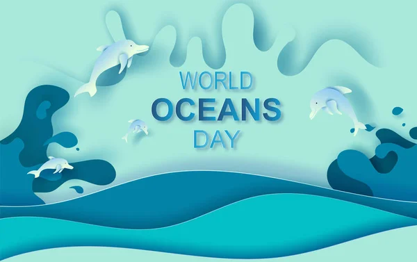 Paper Art Cut Concept World Oceans Day Inglés Celebración Dedicada — Archivo Imágenes Vectoriales