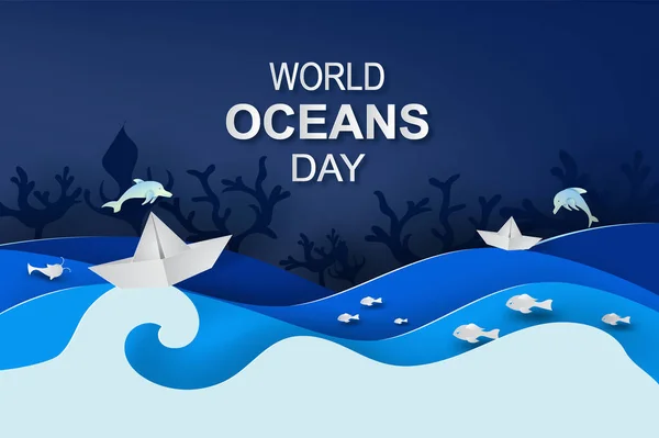 Paper Art Cut Style Concept World Oceans Day Célébration Dédiée — Image vectorielle