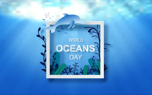 世界海洋デーの水の概念のドロップ 海の地球を保護し 水の生態系を保護するために専用のお祝い 波の青い折り紙クラフト紙 水中フレームポスターの背景 — ストックベクタ