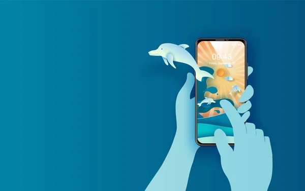 紙アートと世界海洋の日のカットの概念 海を保護し 水の生態系を保護するために専用のお祝い 海の波の青い折り紙クラフト紙 手で携帯電話でジャンプイルカ — ストックベクタ