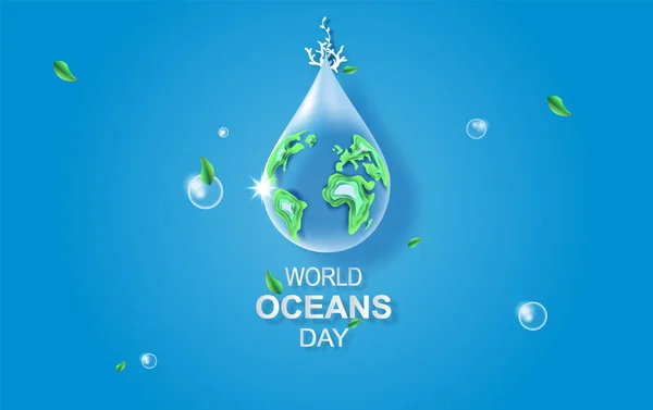 世界海洋デーの水の概念のドロップ 海の地球を保護し 水の生態系を保護するために専用のお祝い 海の波の青い折り紙クラフト紙 水中の背景ベクトル — ストックベクタ