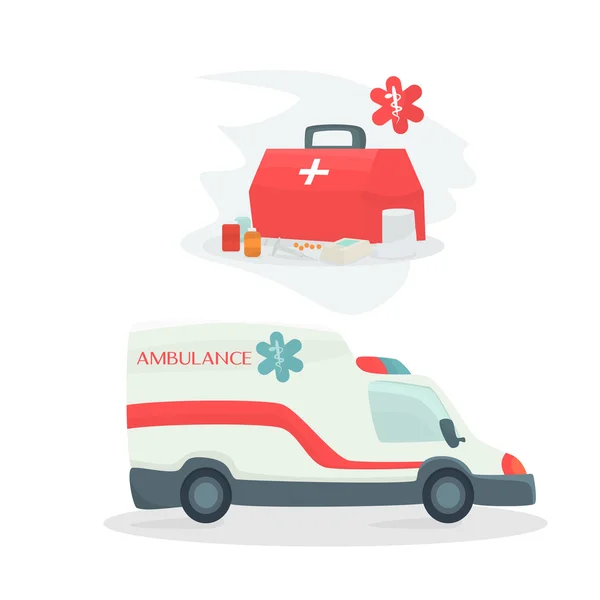 Ambulance auto met med kit — Stockvector