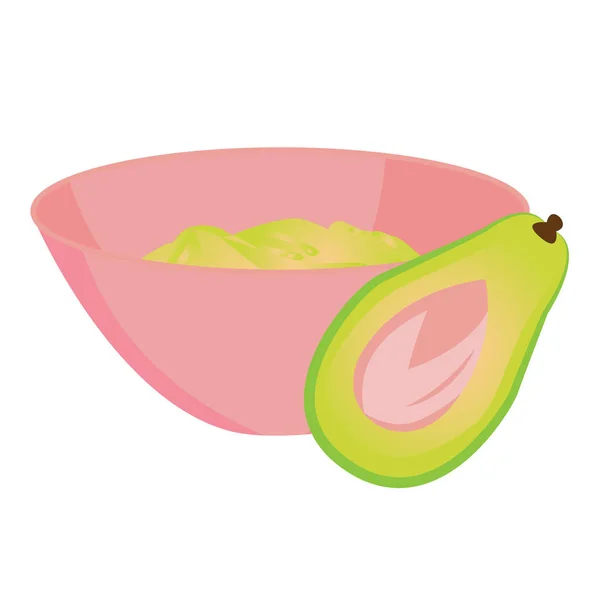 Avokado som potatismos i en skål och en halv avokado med ett ben — Stock vektor