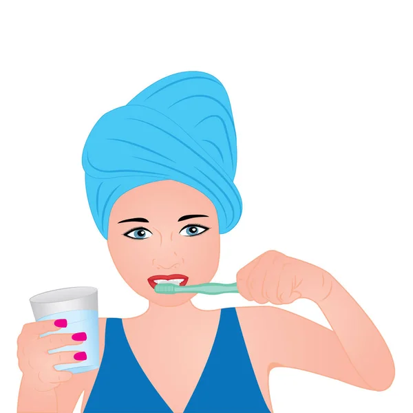 Una chica cepillándose los dientes — Vector de stock