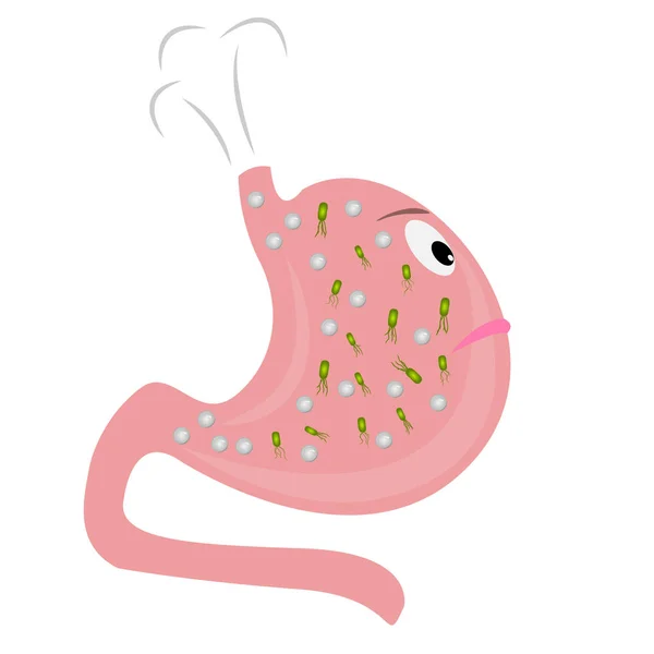 Estómago con exceso de gas y Helicobacter pylori. Estilo de dibujos animados — Vector de stock